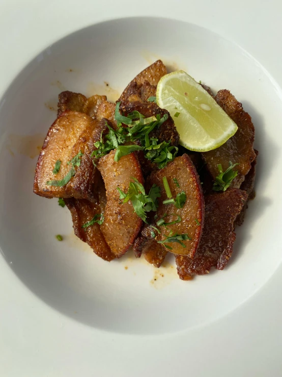 a plate with meat and a small lime wedge