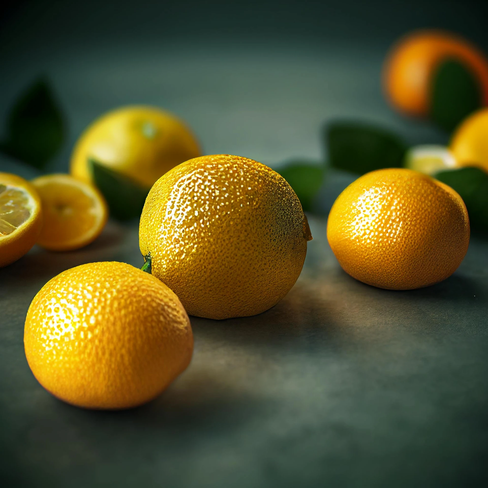 the oranges are arranged on the gray table