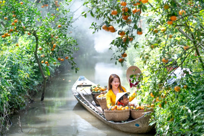 two women on small boats full of food