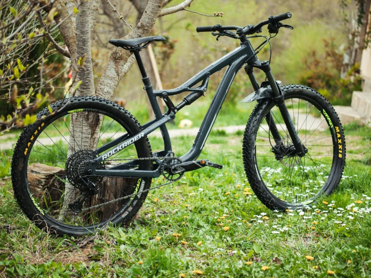 a mountain bike parked in the grass under a tree