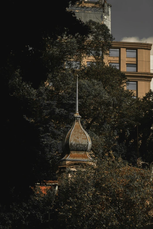 a large clock tower is in the background