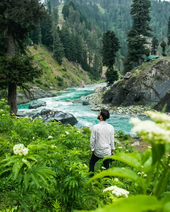 a person stands in front of a mountain stream