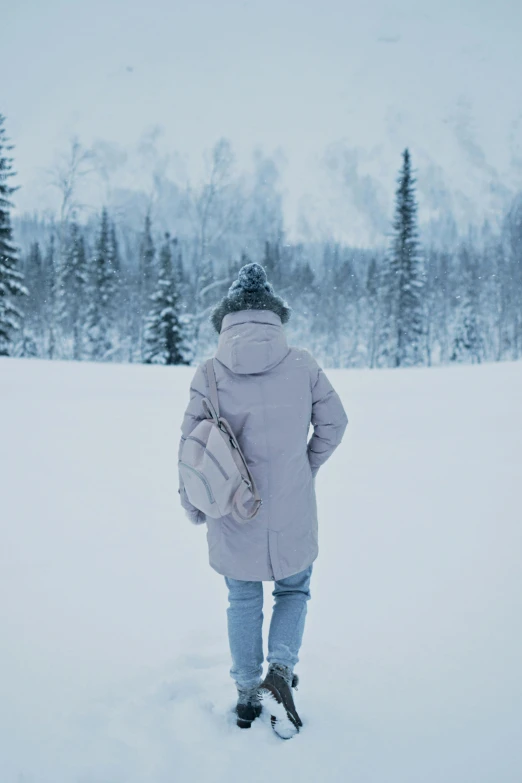 the woman in grey is walking through a snowy field