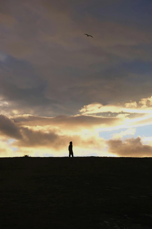 the silhouette of a man walking on a hill
