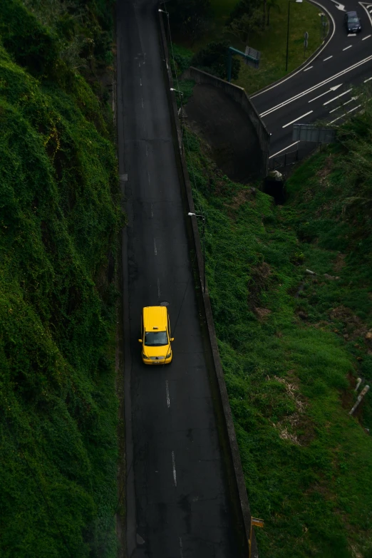 a yellow bus on street surrounded by grass