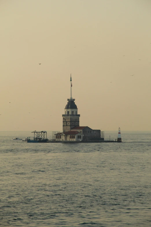 a large building is out in the water