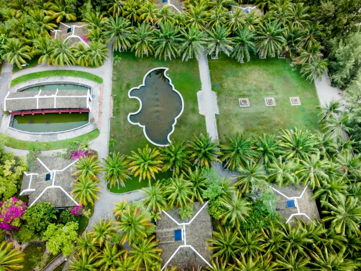 the aerial view of the park is shown from above