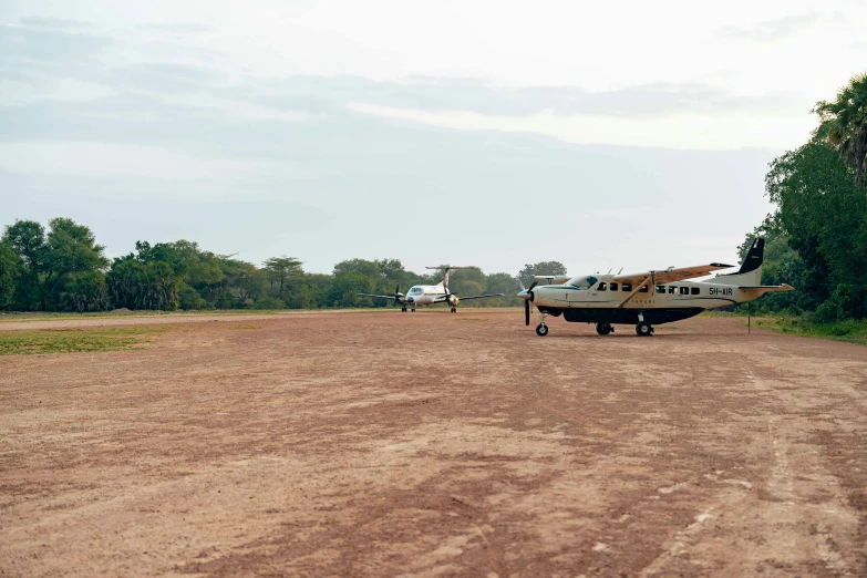 a small plane on dirt road next to trees