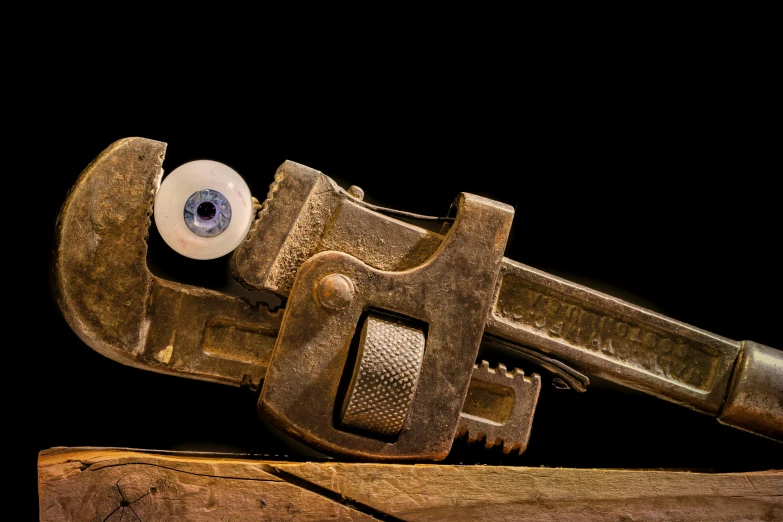 closeup of a swiss army pistol with eyeballs in the vises