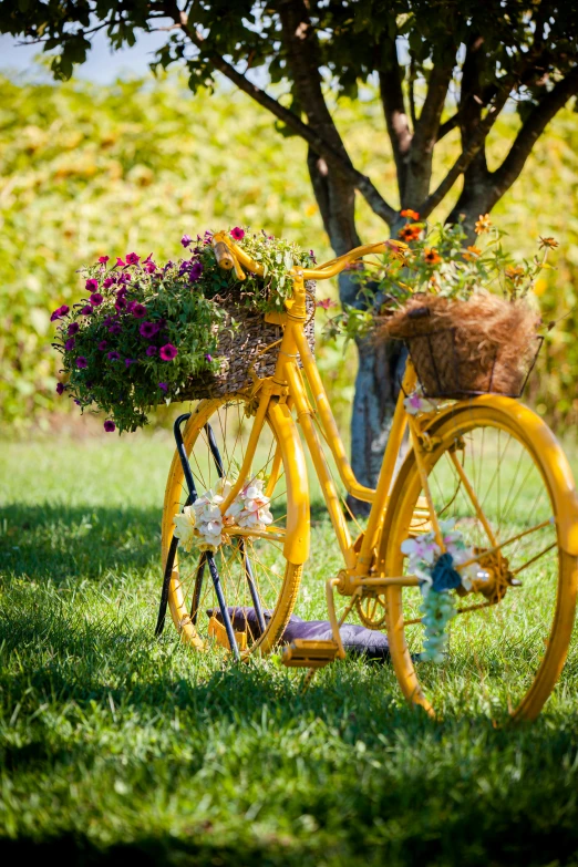 a yellow bike has a basket on the back and flowers in the back