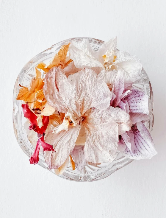 small group of flowers in glass bowl on white surface