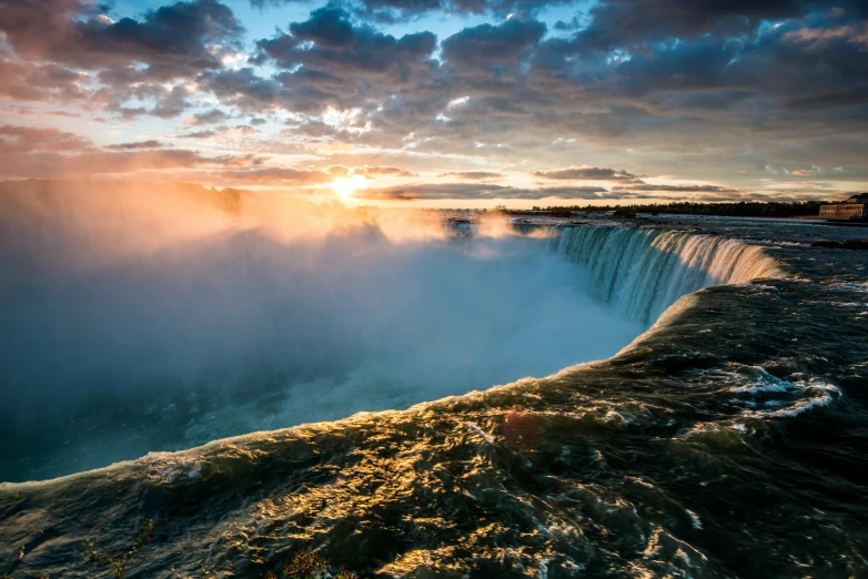 the view of niagara falls in canada as sun goes down