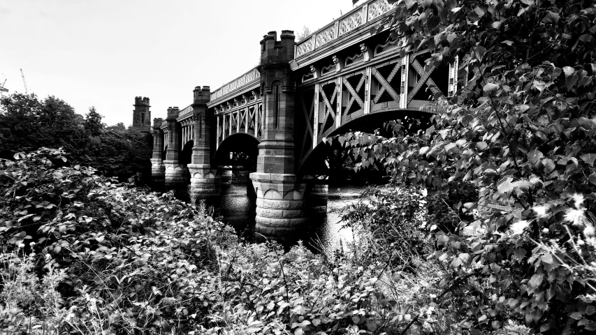 a view looking down the side of a bridge