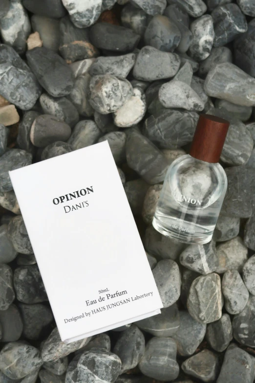 an unopened bottle of perfume sitting on a bed of rocks