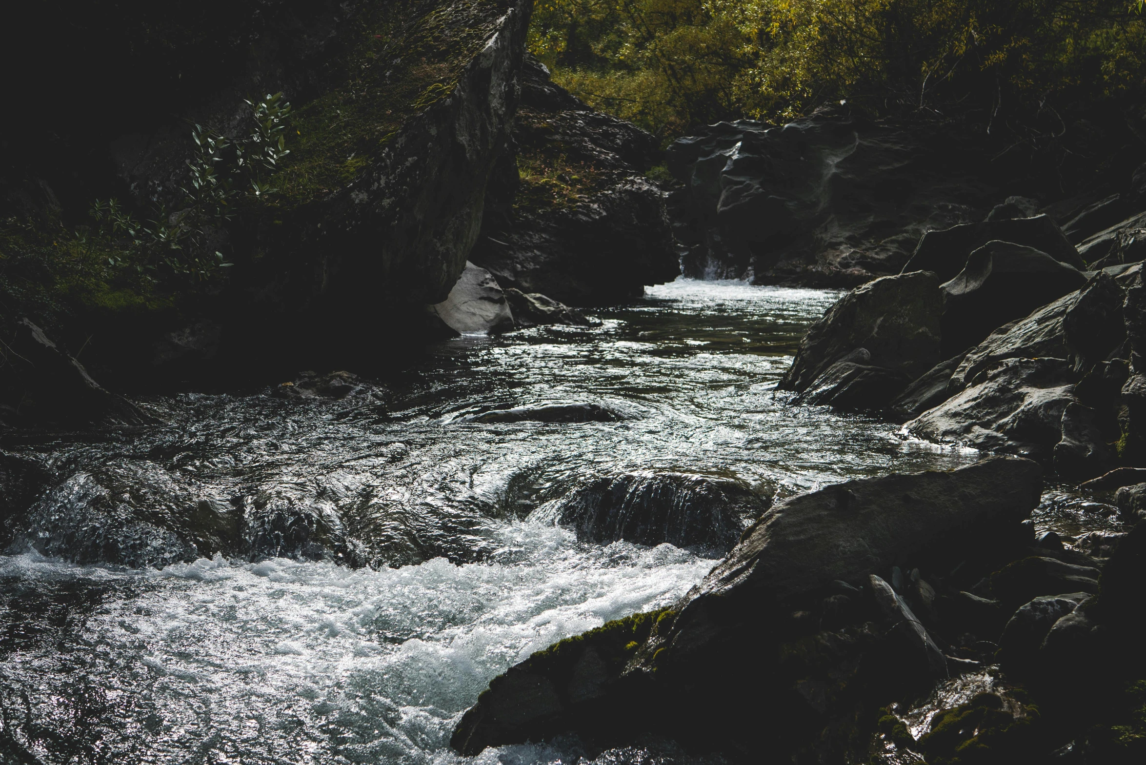 some water moving on some rocks and grass