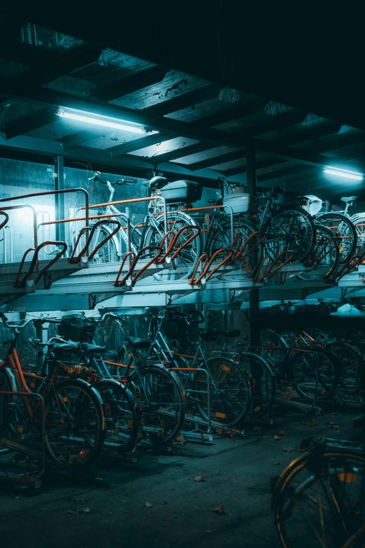 an empty bike garage is shown in the dark