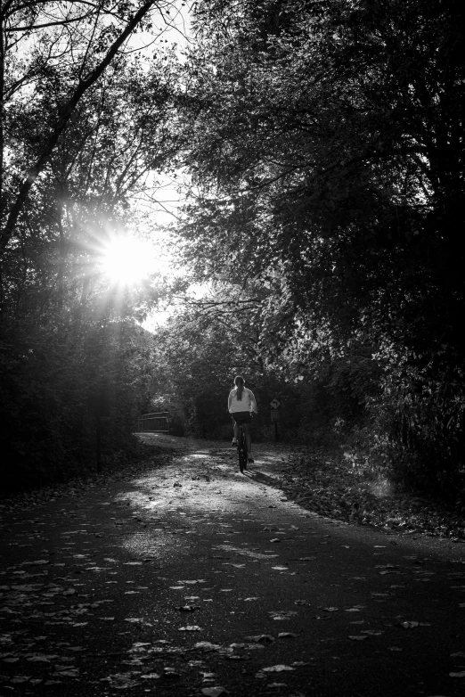 a man walking across a pathway next to trees