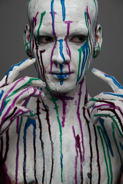 a man with white paint on his face and body