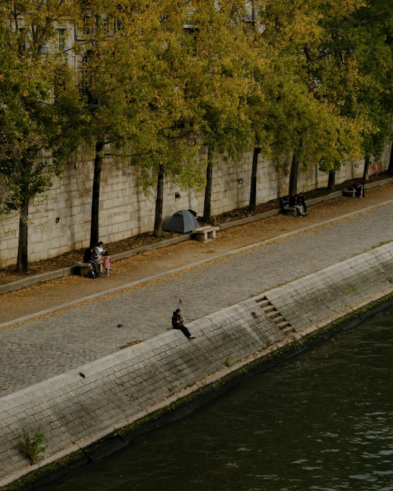 a view of some trees along the side of the water