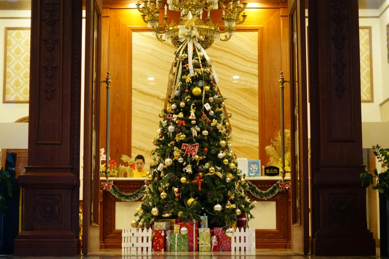 a small christmas tree sits in a lobby