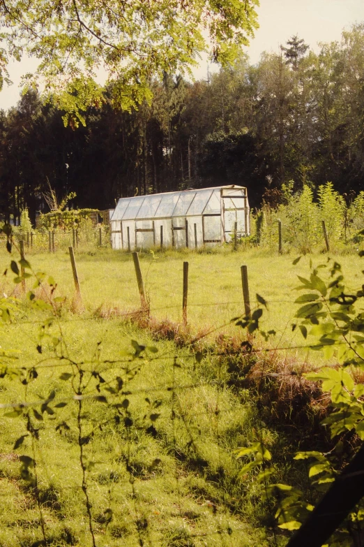 a fence in front of some buildings and trees