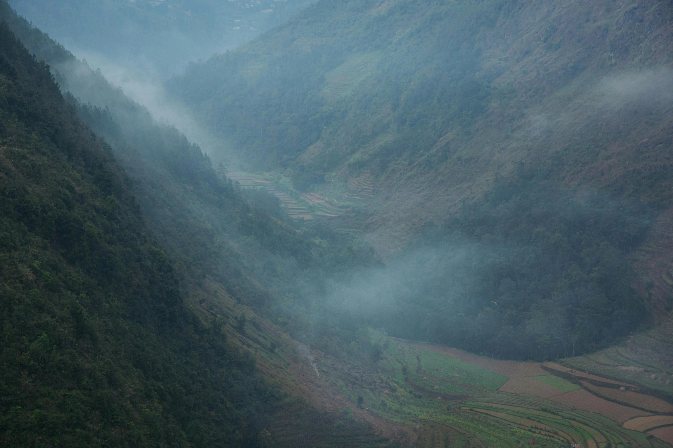 the mountains are in a thick foggy area