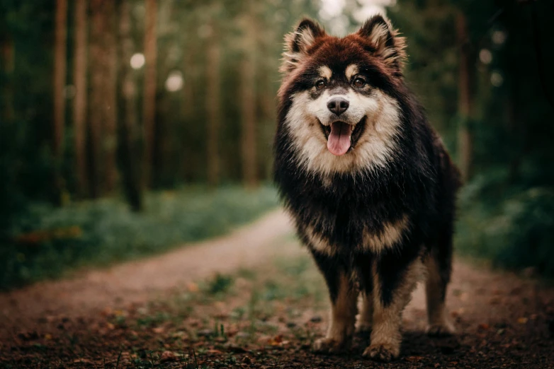 a dog walking in the forest with its mouth open