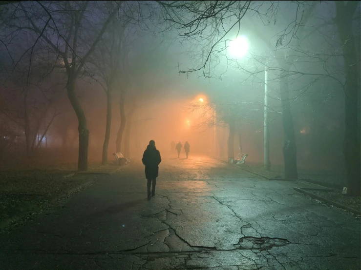 people walking along the street on a foggy night