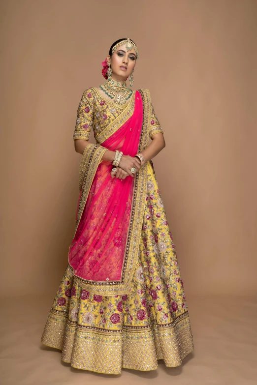 an indian woman in a red and gold lehenga