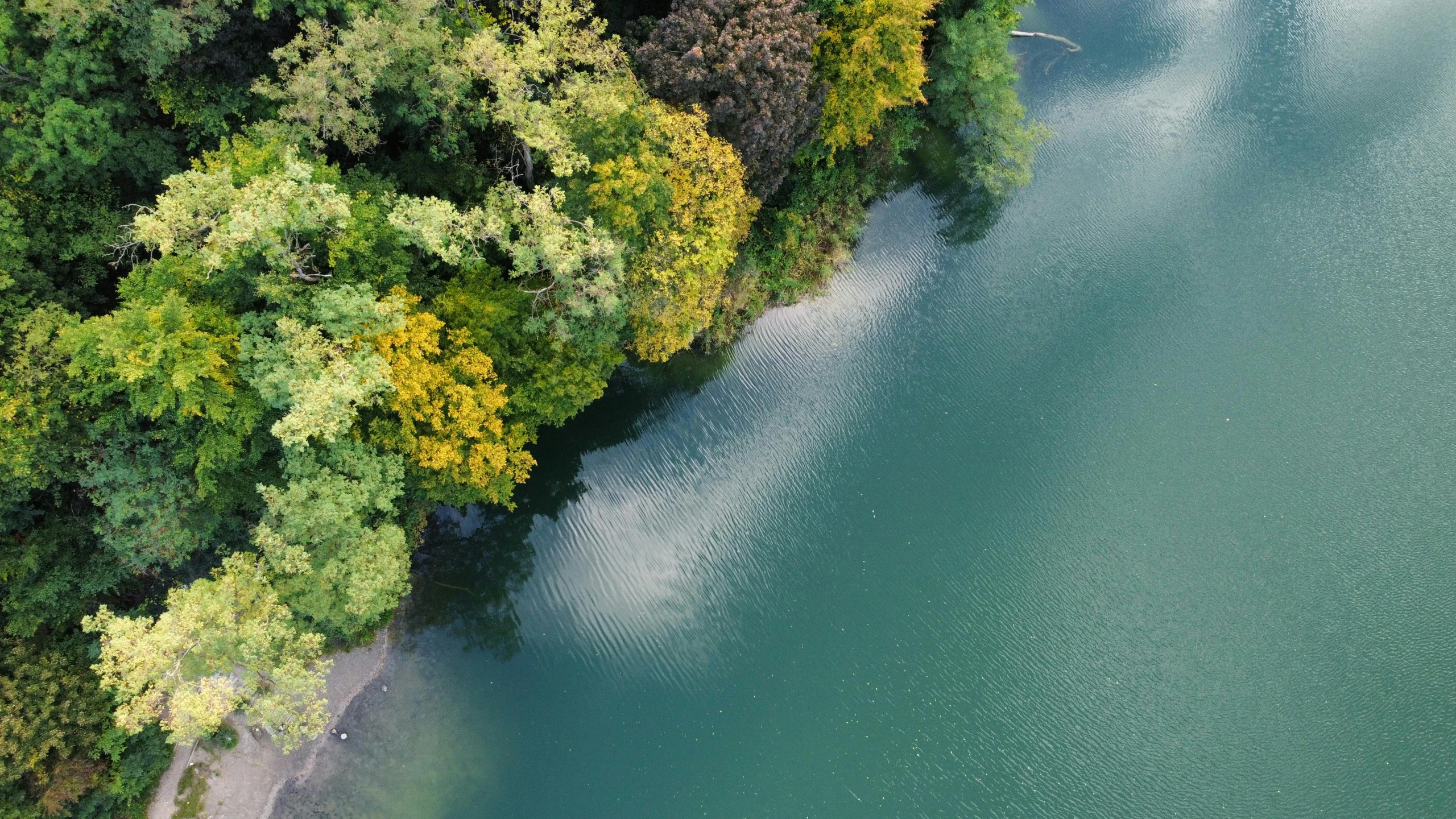 an aerial view of a blue green river