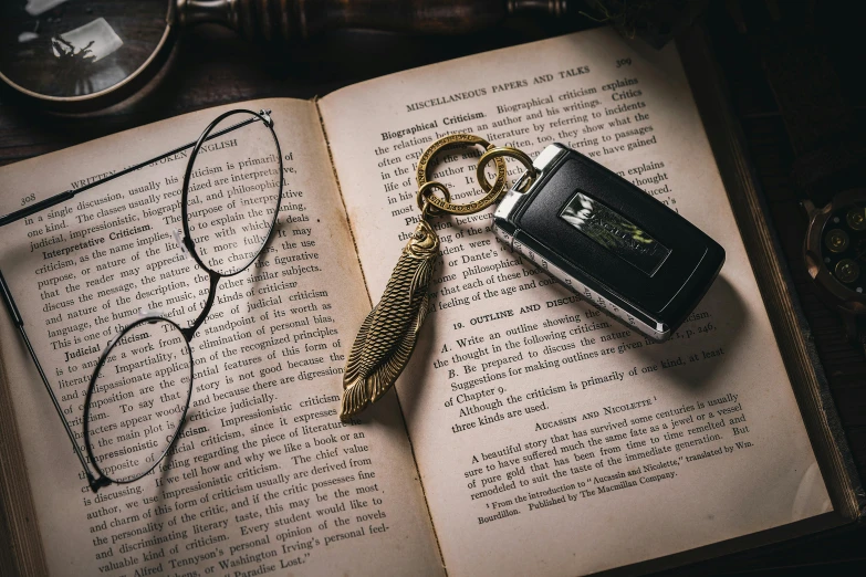 a key ring sitting on top of an open book