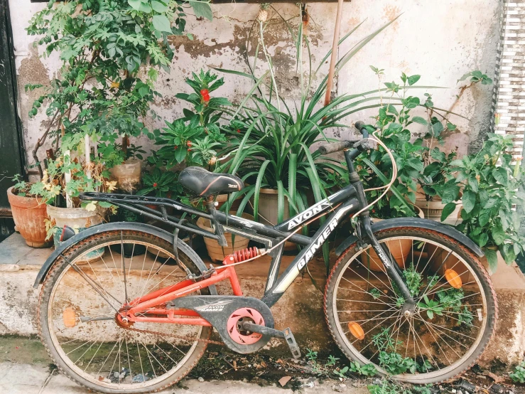 a red bicycle is parked on some steps outside