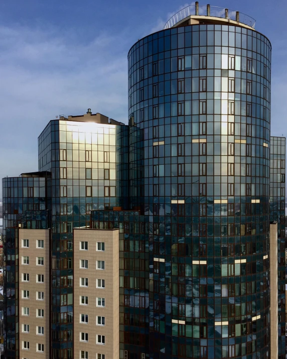 two building in front of a blue sky