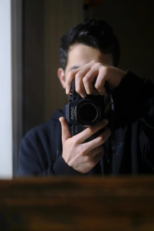 a man holding a camera up to his face