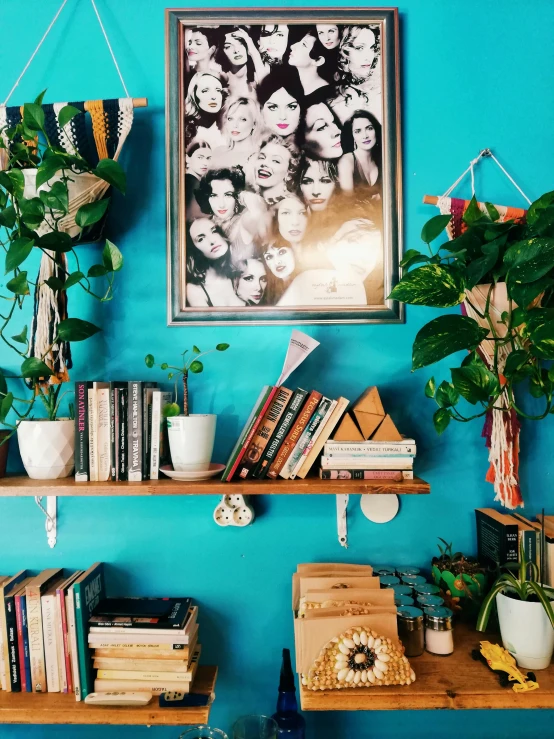 a collection of books and decorative items on shelves