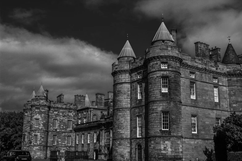 black and white image of the top of a castle