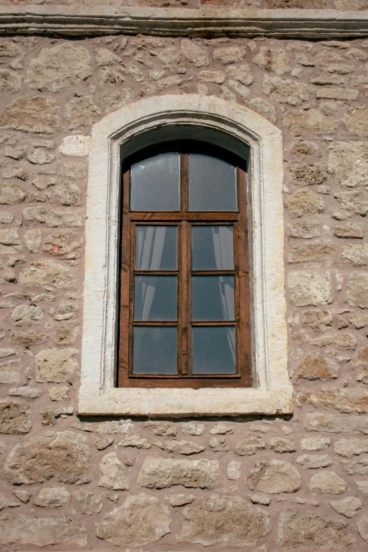 the view of a windows made of brick, with bars