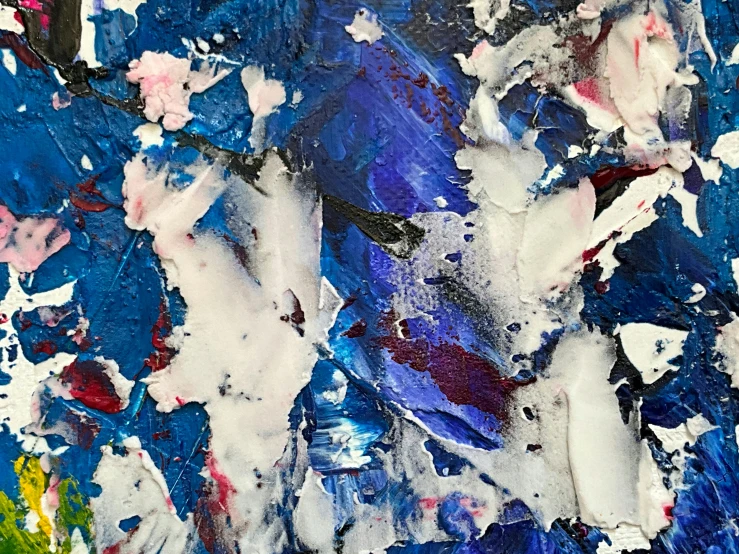 an abstract painting with white, blue, and pink colors