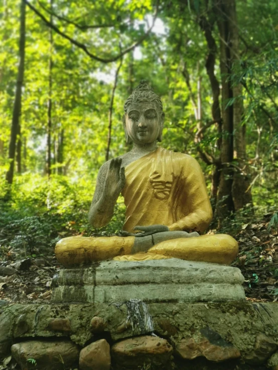 a statue in the middle of the forest with trees and water