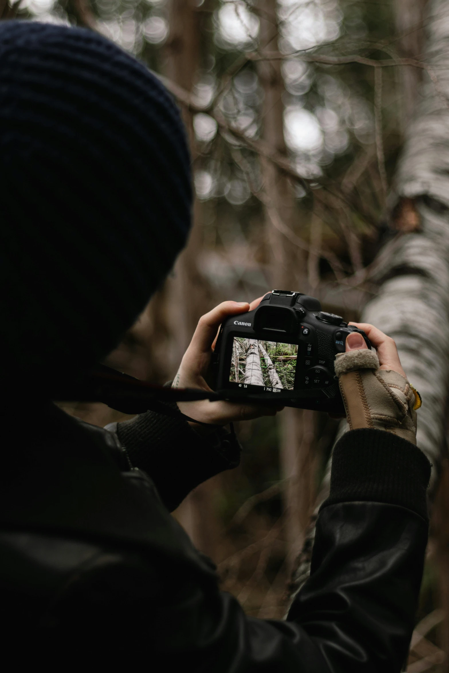 a man takes a po in a forest