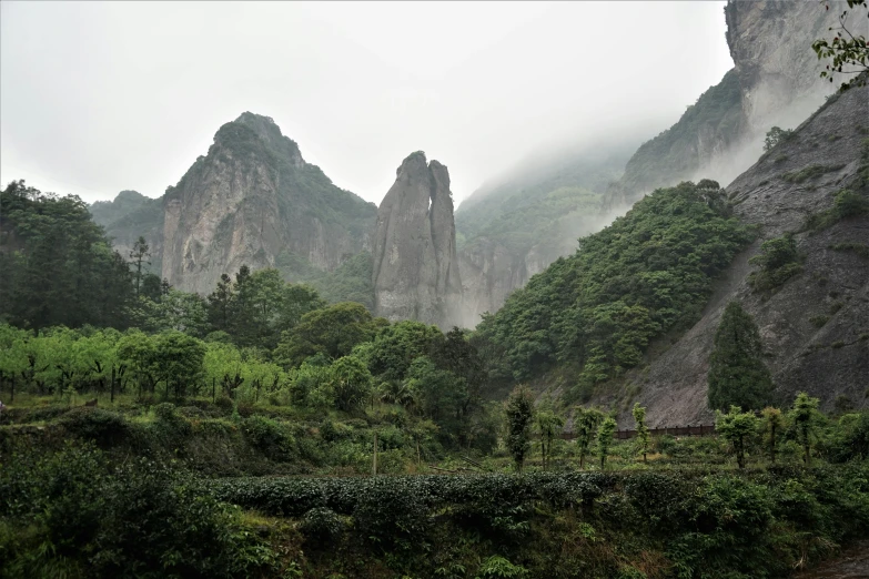 a scenic view of some tall rocks in a mountainous region