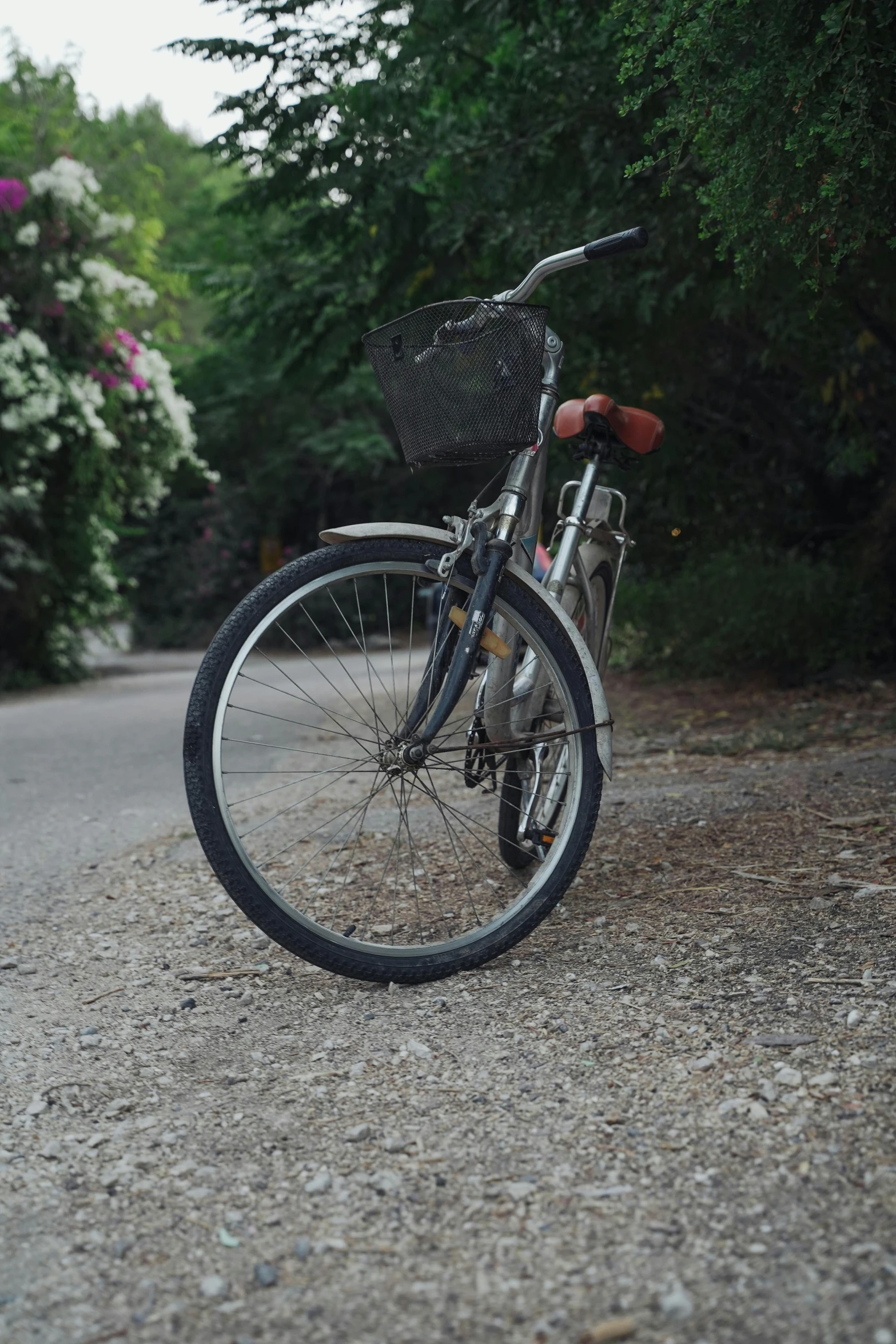 there is a bicycle with a basket parked on the road