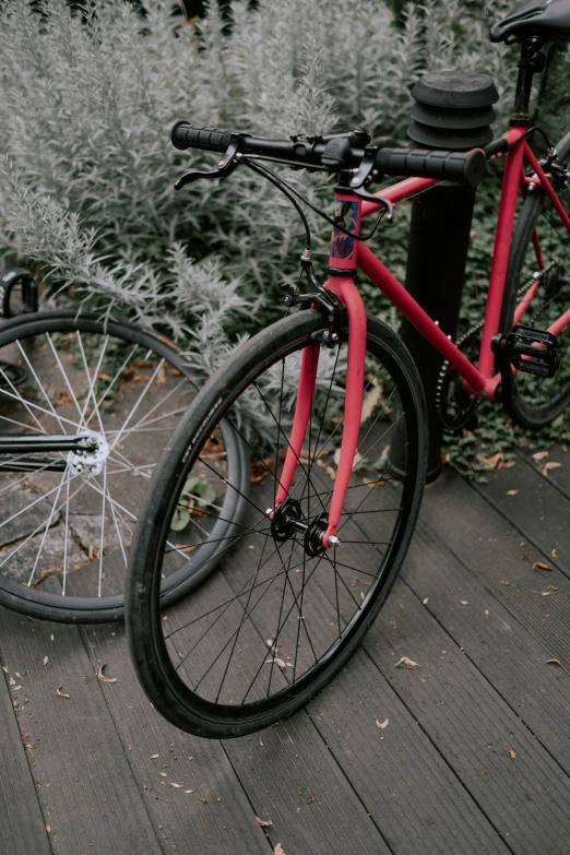 the two bicycles have red frame, and are leaning against each other