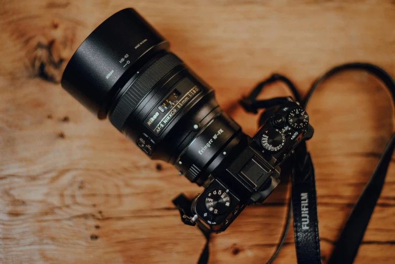 a lens attached to a camera with the strap on