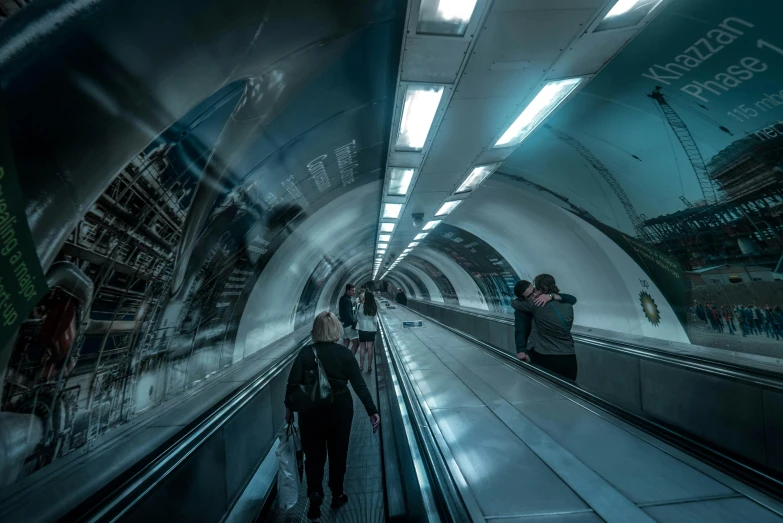 a reflection of a person riding an escalator