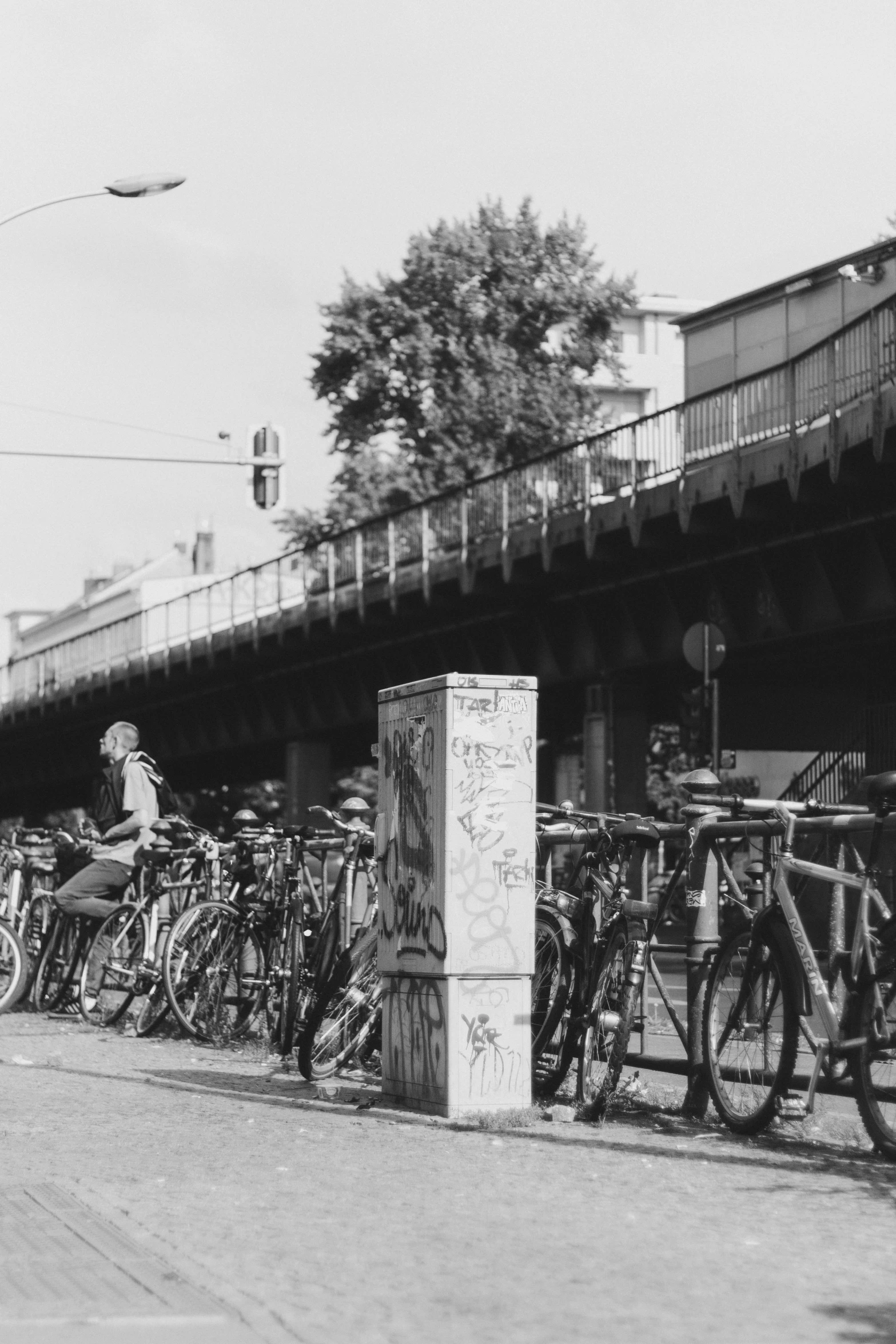 a black and white po of a bunch of bikes