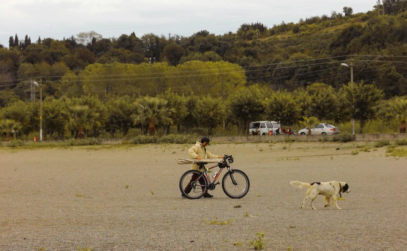 person on bicycle next to dog near trees