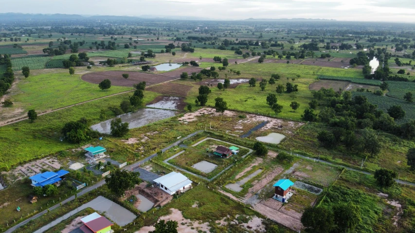 aerial view of an empty, mostly residential neighborhood