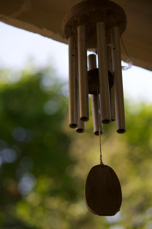 a wind chime in front of trees