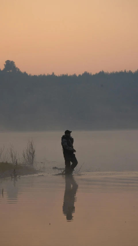 a person with a kite standing in water at dusk